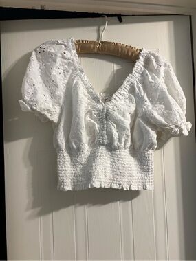 Riley & Rae White Eyelet Smocked Puff Sleeve Crop Top